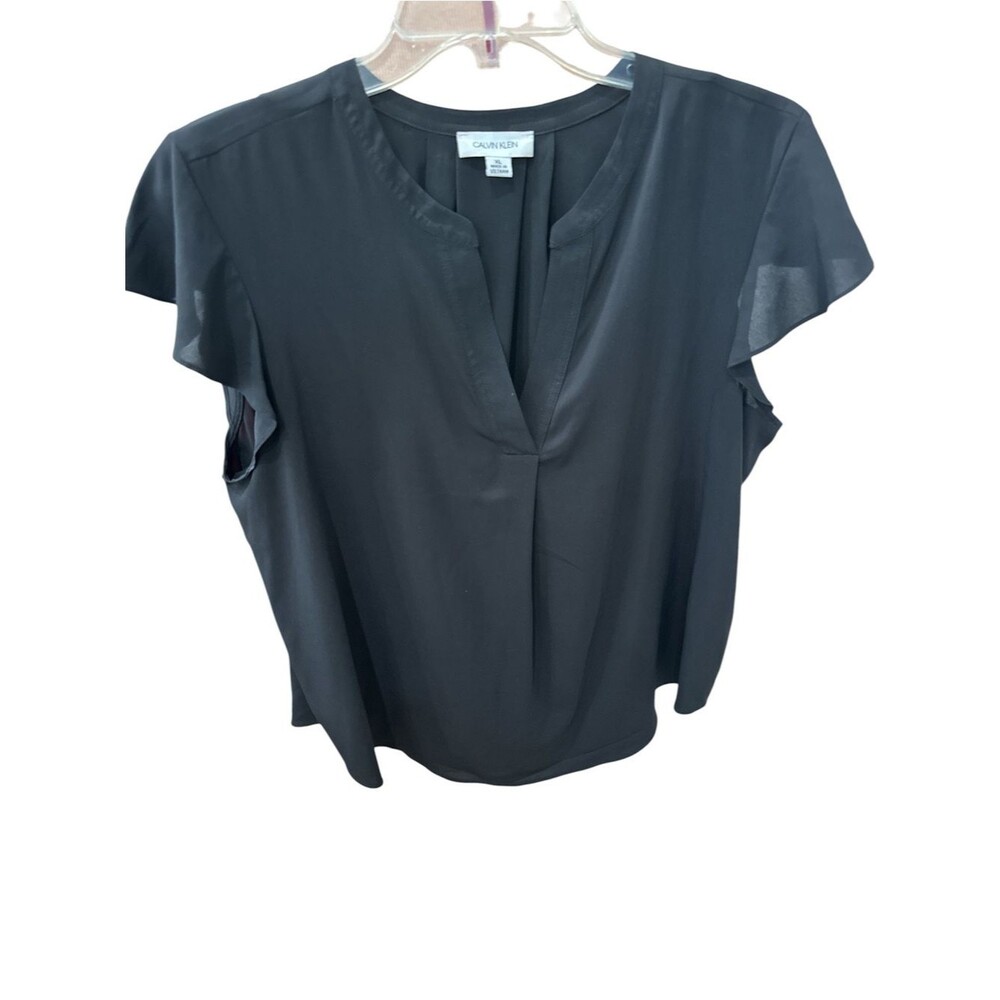 Calvin Klein Black V-Neck Flutter Sleeve Blouse